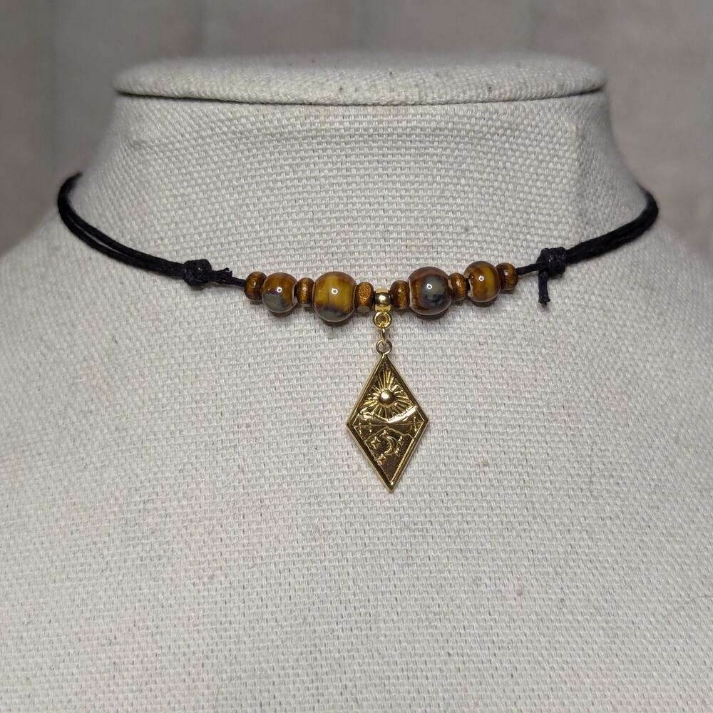 Sun And Moon Mountain Charm Ceramic Beaded Silver or Gold Hippie Choker Necklace